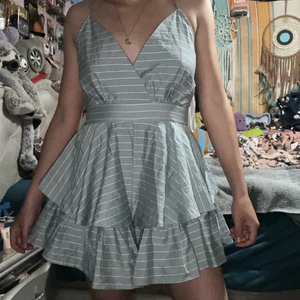 @Balance: blue/ green and white striped romper with ruffles